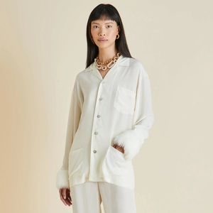$810 OLIVIA VON HALLE Faux Fur-Trim Casablanca Silk Button Down Shirt
